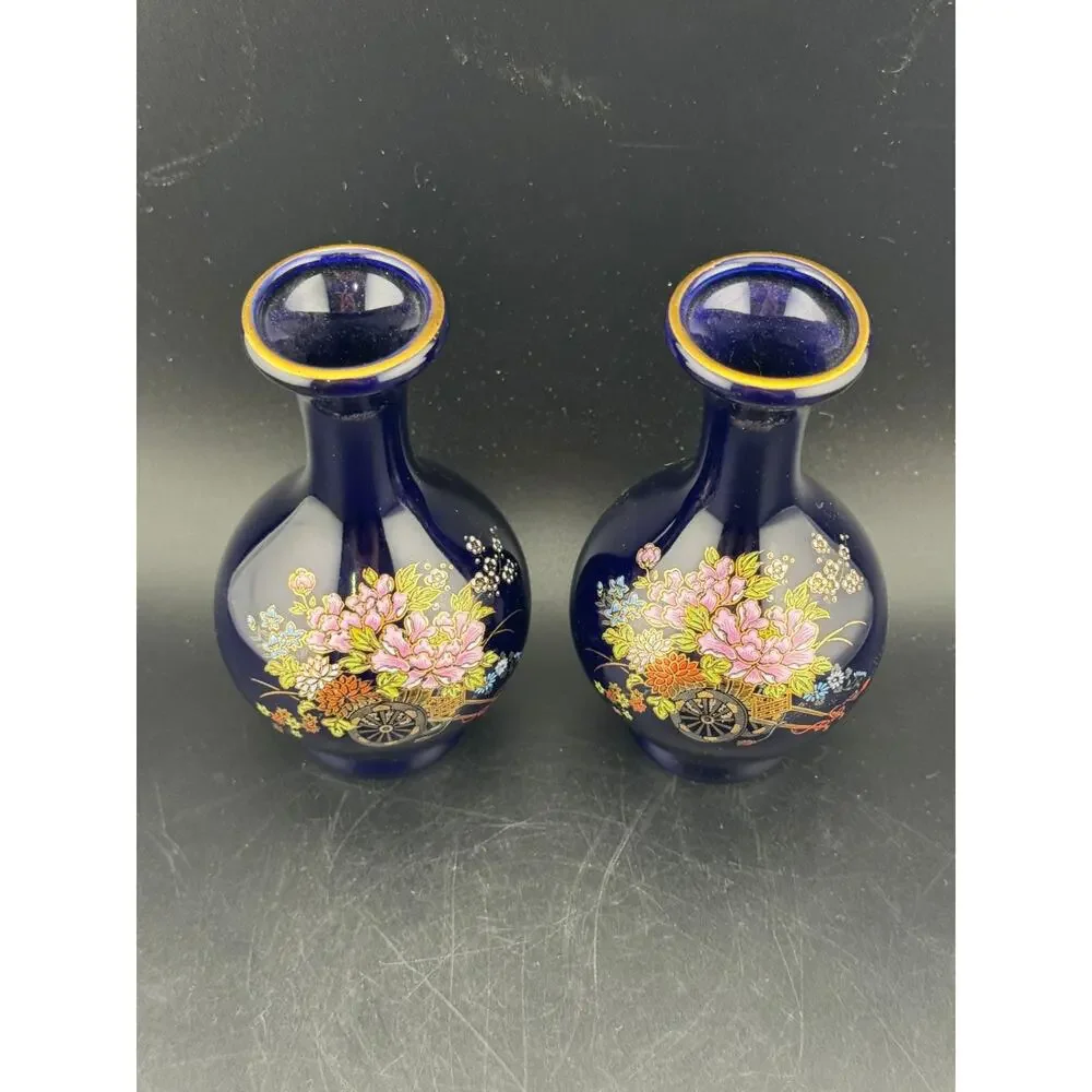VTG Kutani Cobalt Blue Porcelain Vase, Pair